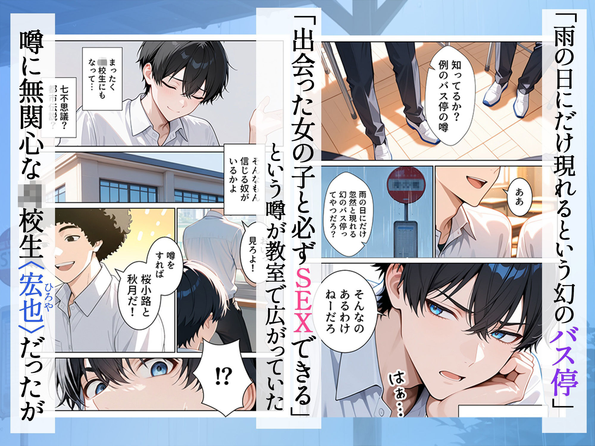 【エロ漫画raw】雨宿りのバス停で学園美女と濡れ透けSEXした話